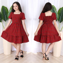 vestido curto de manga curto xadrez infantil/juvenil/meninas