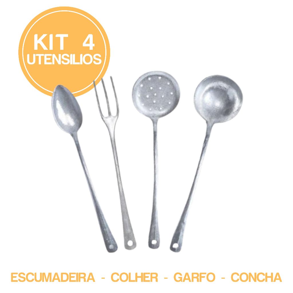 Kit 4 utensilios escumadeira colher garfo concha aluminio fundido utensilios cozinha