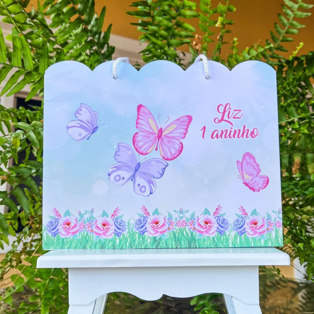 Sacolinha Jardim das Borboletas Rosa e Lilás PEGUE E MONTE Personalizada Lembrancinha Festa Infantil
