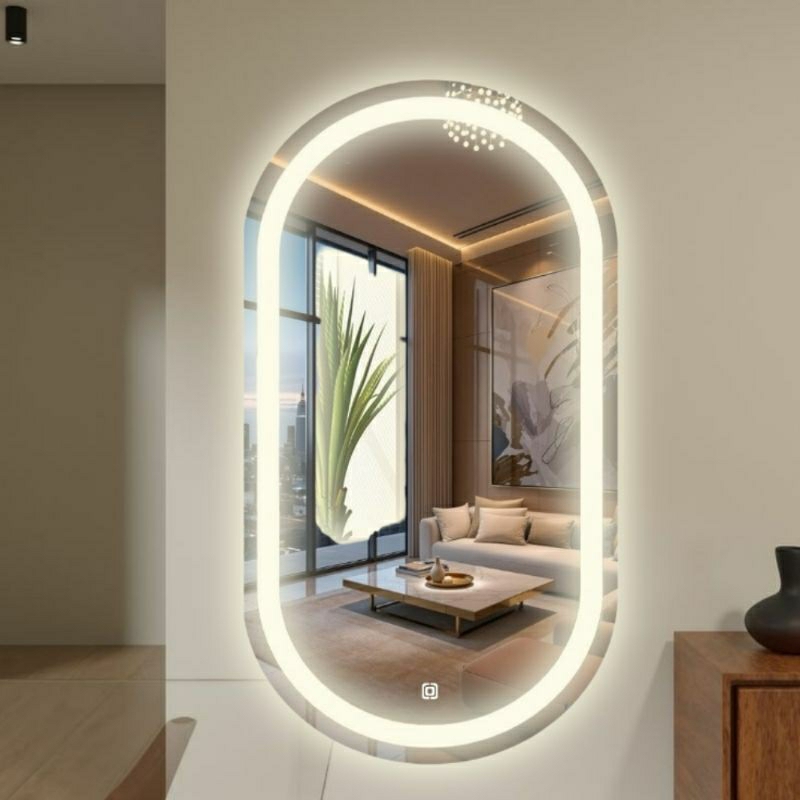 Espelho Decorativo Oval Varios Tamanhos Jateado Com Led 3 tons Dimerisavel Botao Touch em Oferta na Shopee