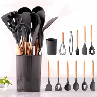 Jogo De Cozinha Kit 12 Peças Utensílios De Silicone e Copo Cabo de Madeira PREMIUM em Oferta na Shopee