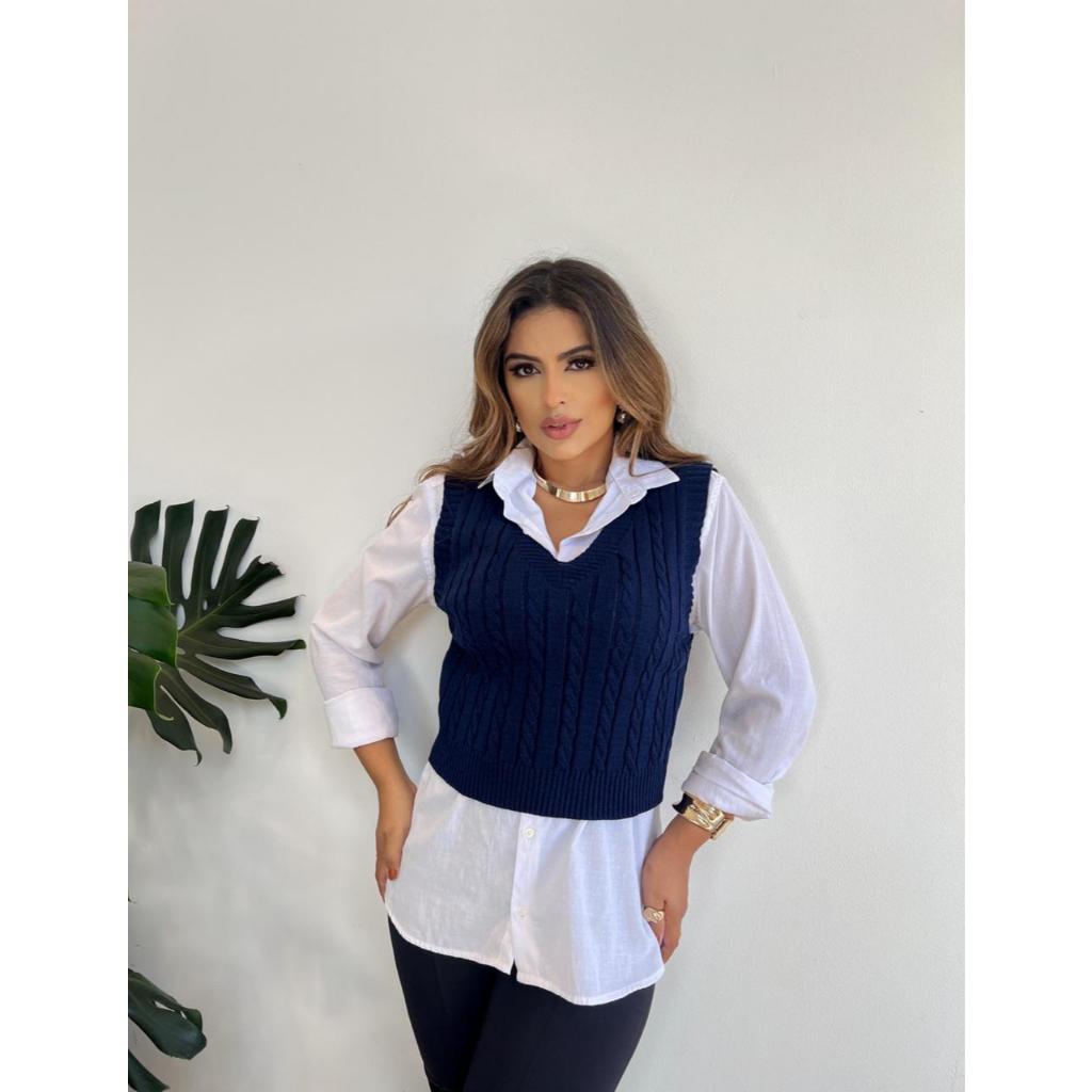 Colete Suéter de Malha Tricot Trança Decote em V