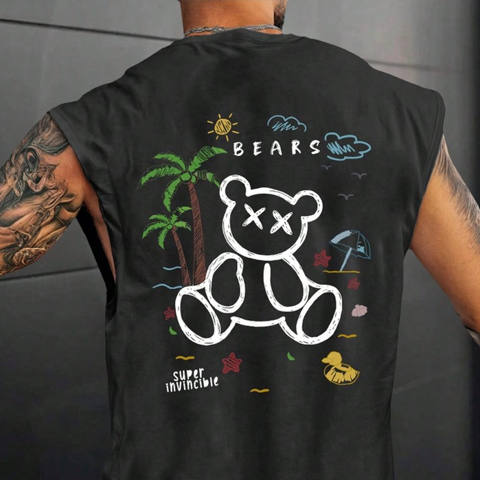 Camiseta Streetwear Regata Urso De Férias Camisa Oversized Masculina Estilo Verão Praia Summer Algodão Academia