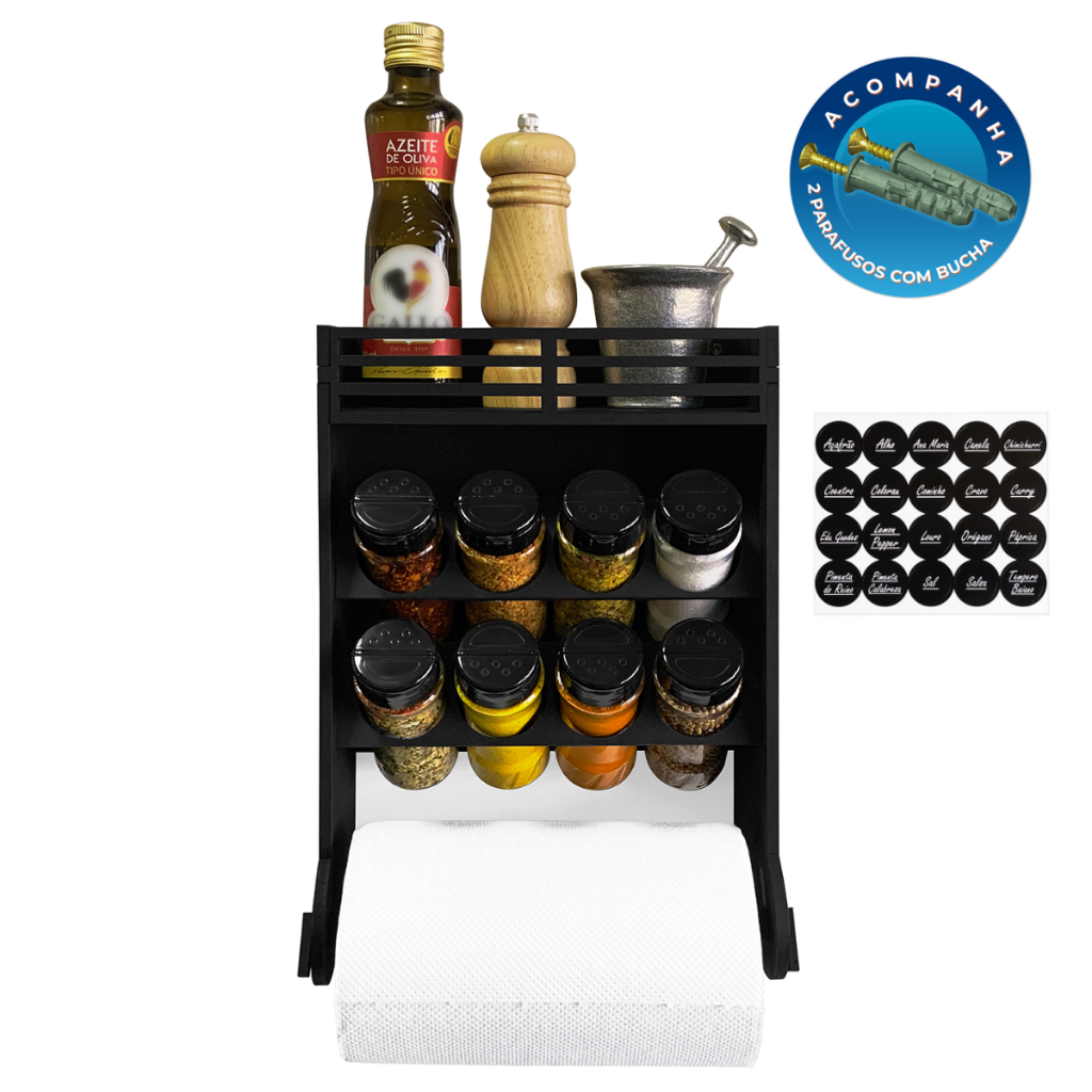 Lindo Porta Tempero Parede Resistente com 8 Potes 130ml Tampa Dupla + Etiquetas