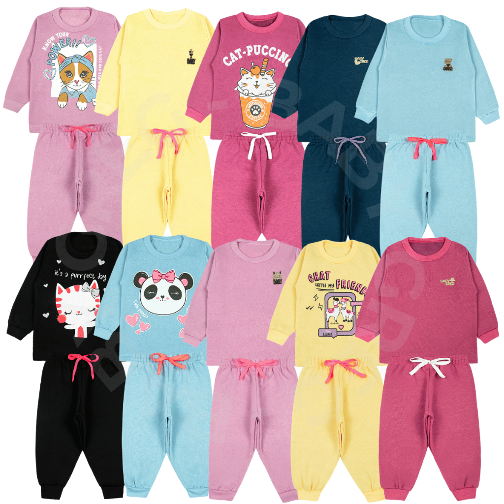 Kit 4, 6 e 10 Peças Conjunto Infantil Inverno Frio Liso e Estampado Menina Moletom (5 Blusas + 5 Calças)