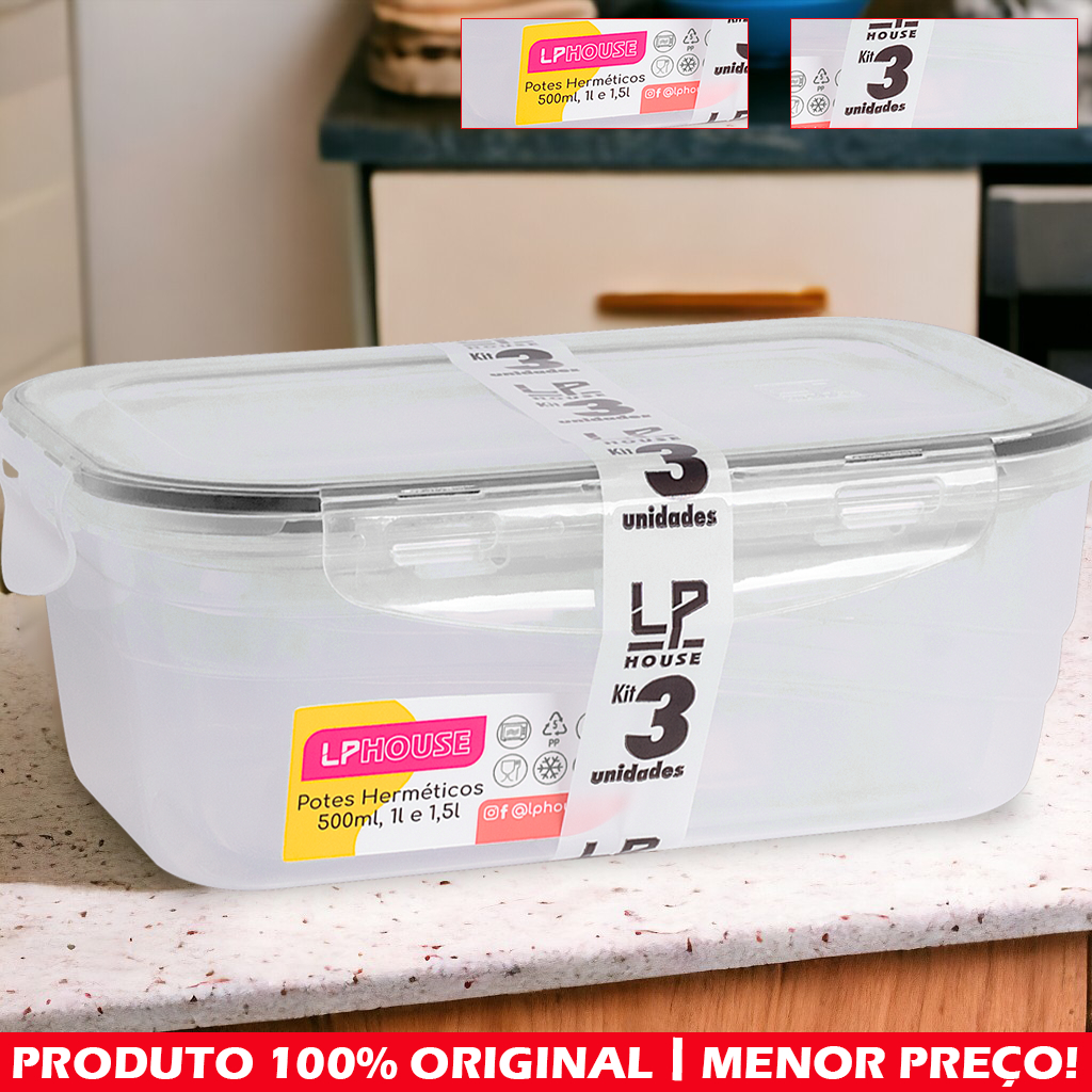 Kit 3 Potes Hermético, Plástico Resistente Tampa Trava Vedação Silicone Marmita Organizador Geladeira Microondas Freezer