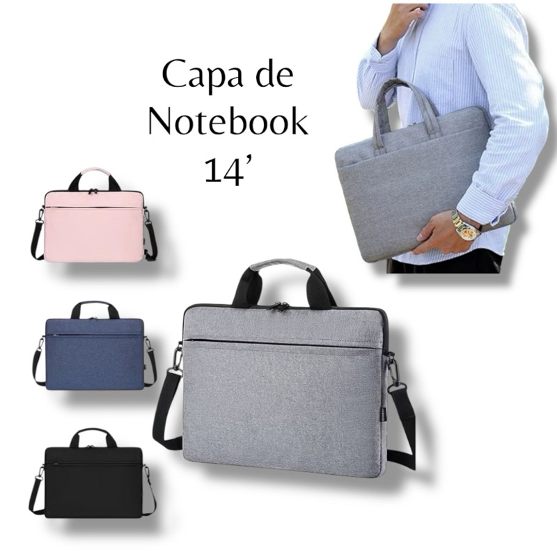 Pasta Case Preta Capa Notebook Com 2 Bolsos 14 Polegadas Bolsa Maleta Casual Resistente 2 Alças