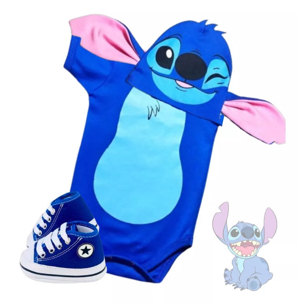 Kit Fantasia Roupa Mesversário Body Bebê Lilo & Stitch 3 Pçs Roupa Fantasia Mesversario Lilo&Stitch com Touca