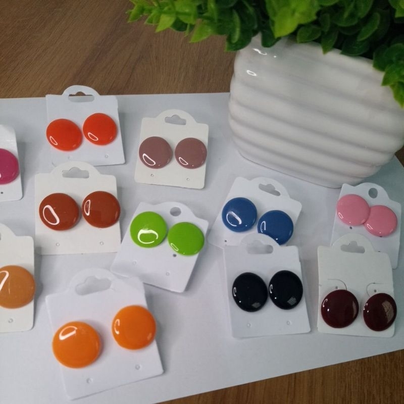 kit 5 pares de brinco botão 2 cm coloridos variados cores da moda