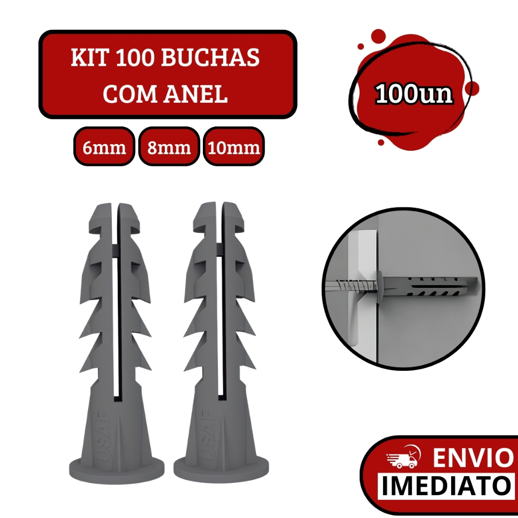 Kit 100 Buchas Com Aba e Anel Para Fixação Parede De Concreto Tijolo Basalto - 6mm | 8mm | 10mm em Oferta na Shopee