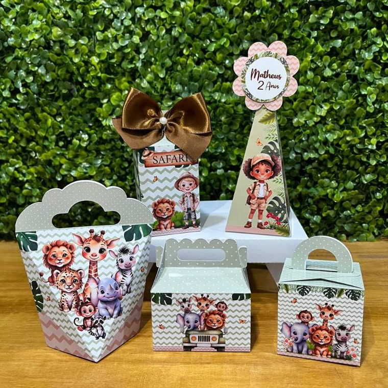 KIT FESTA PERSONALIZADA SAFARI - PEGUE E MONTE - Lembrancinha - Aniversário - Caixinha Personalizada