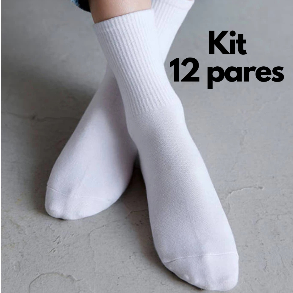 Kit 12 Pares Meia Cano Alto Feminino e Masculino