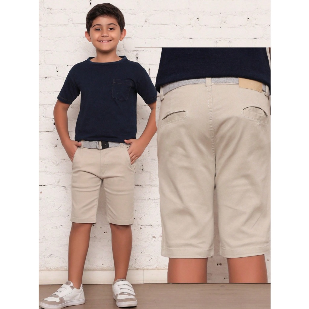 Bermuda Sarja Infantil Juvenil Masculino Bolso Respirável Super Confortável C/ Elastano Zíper