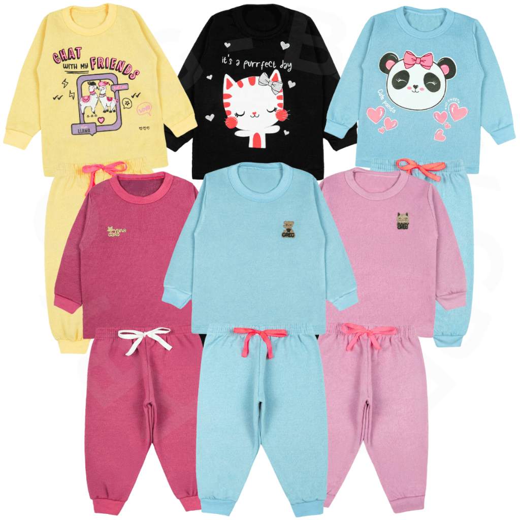 Kit 12 Peças Conjunto Inverno Infantil e Bebê Feminino Diversas Estampas e Liso (6 Blusas e 6 Calças)