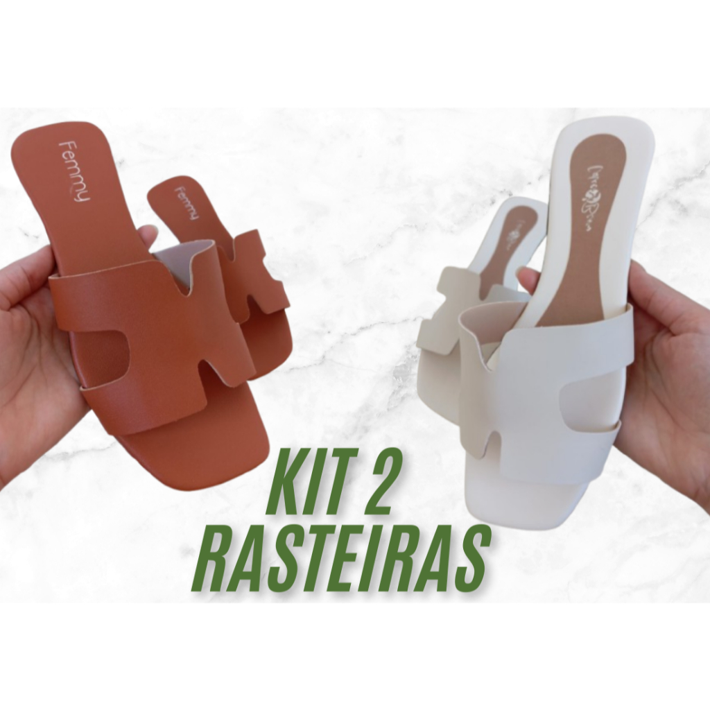Kit 2 Sandálias Feminina Flat Rasteira H Moda Rasteirinha Verão Tendência Dia a Dia, Confortável, Solado antiderrapante.
