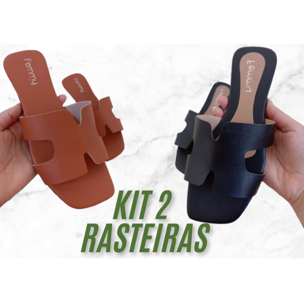 Kit 2 Sandálias Feminina Flat Rasteira H Moda Rasteirinha Verão Tendência Dia a Dia, Confortável, Solado antiderrapante.