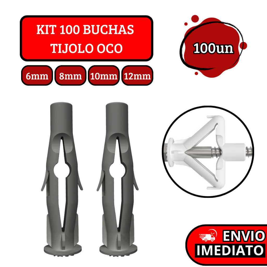 Kit 100 Buchas Plástica Para Fixação Tijolo Oco e Base Sólida - 6mm | 8mm | 10mm | 12mm em Oferta na Shopee