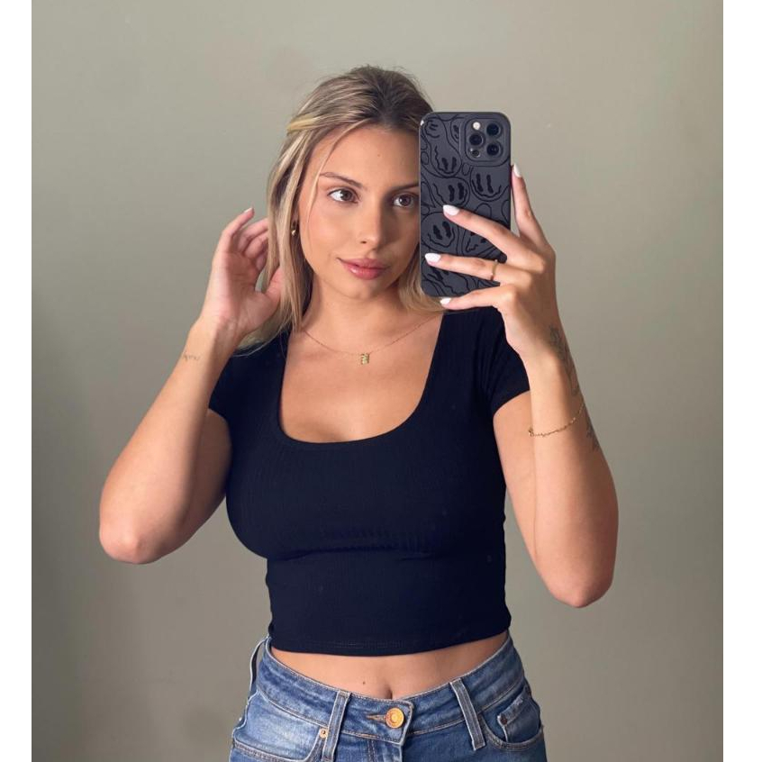 Cropped Canelado Manga Curta Gola U Diversas Cores