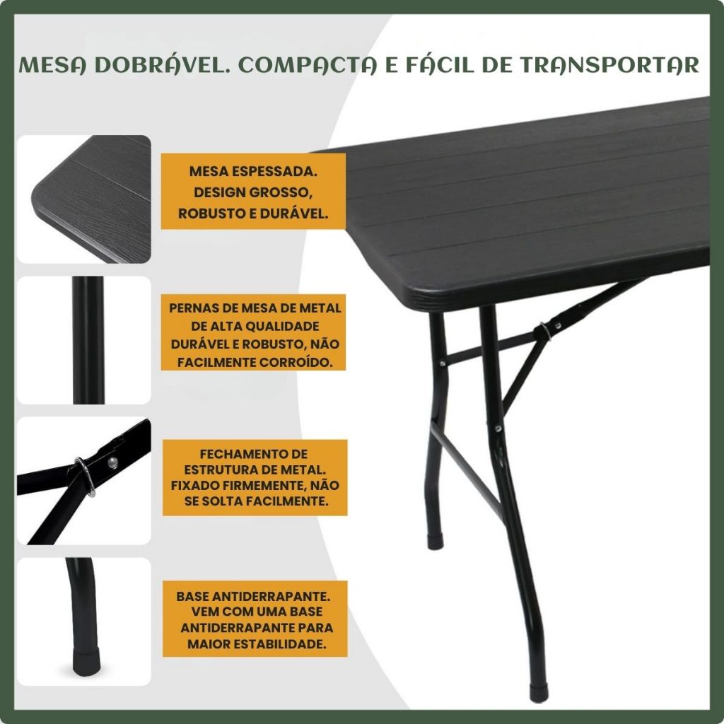 Mesa Dobrável Vira Maleta com Alça Portátil 1.80m Camping Pesca Jardim Área Externa Interna Luvinco — imagem 2 de 2