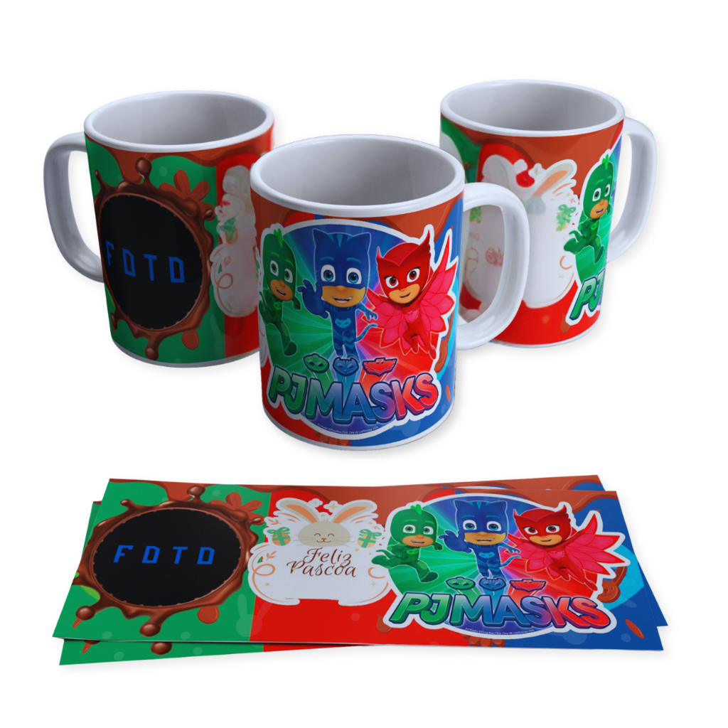 Caneca De Polímero Plástico Branca 325ml Tema PJ Masks Feliz Páscoa Com Sua Foto Ou Arte - Caneca Personalizada