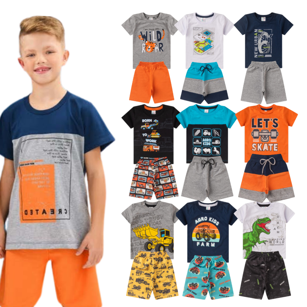 Kit 2 Peças Conjunto verão Infantil e Juvenil Masculino 1 ao 14