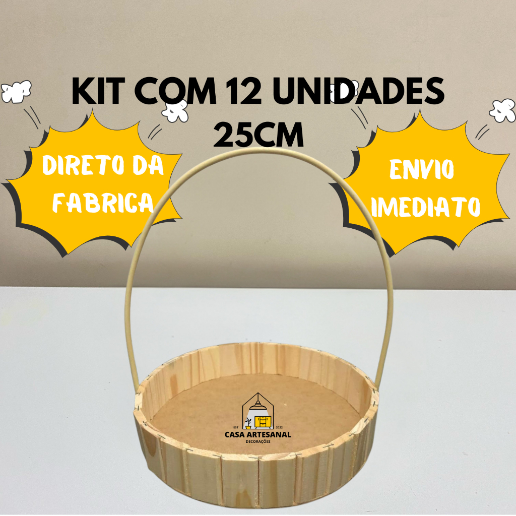 Kit 12 Cestas de Madeira 25cm | Cesta para Presente, Cesta de Páscoa Chocolate e Datas Comemorativas