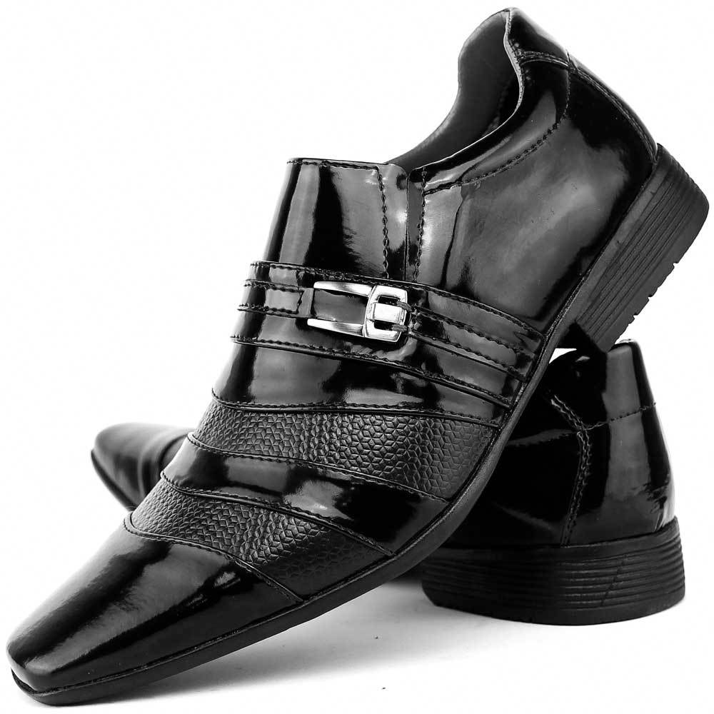 Sapato Social Masculino Verniz Bico Fino Elegante Preto e Preto com Vinho