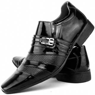 Sapato Social Masculino Verniz Bico Fino Elegante Preto e Preto com Vinho