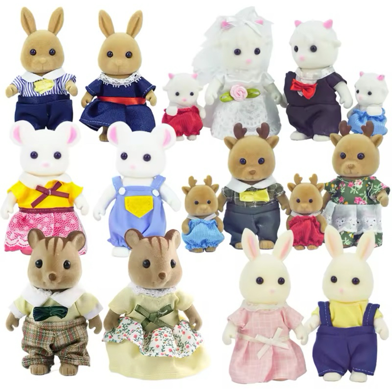 Bonecos Familia Animais da floresta Móveis Roupinhas Dollhouse Ovelha Bebê Elefante Coelho Porquinho Colecionável