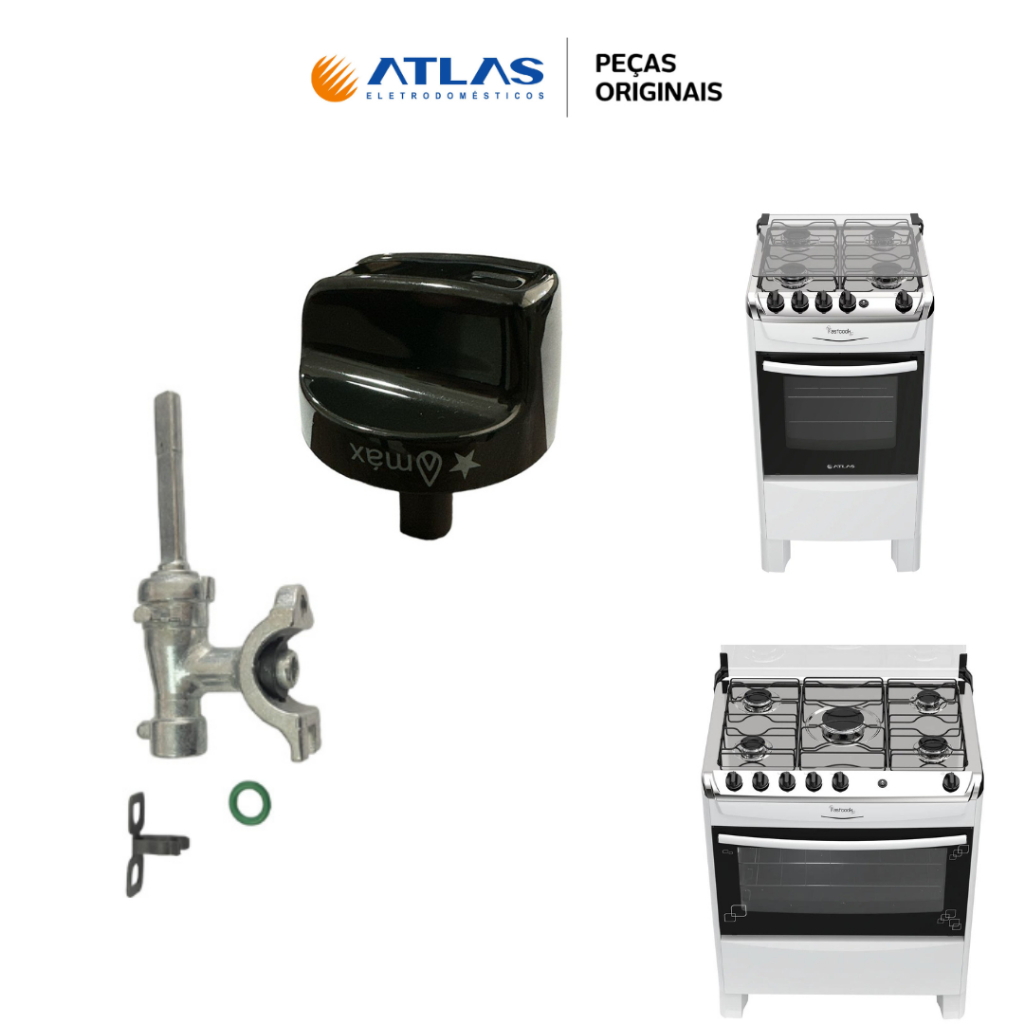 RAMAL REGISTRO + BOTÃO MANÍPULO REPOSIÇÃO BOCAS FOGÃO ATLAS FASTCOOK 4 E 5 BOCAS ORIGINAL