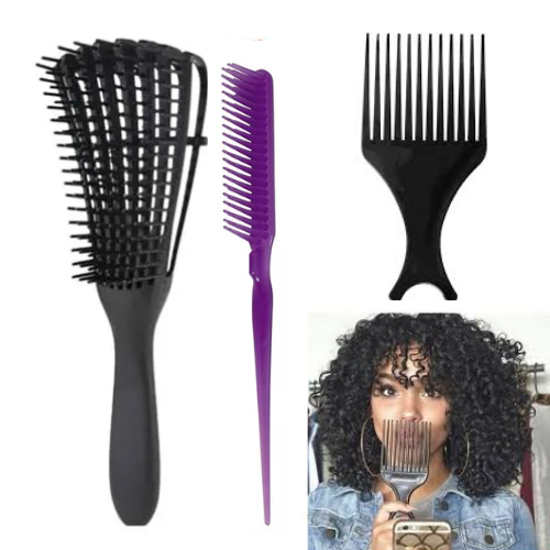 Kit 1 Escova Polvo Cacho + 1 Pente 3 Fileiras Fitagem Ponta Fina + 1 Pente Garfo Black Afro