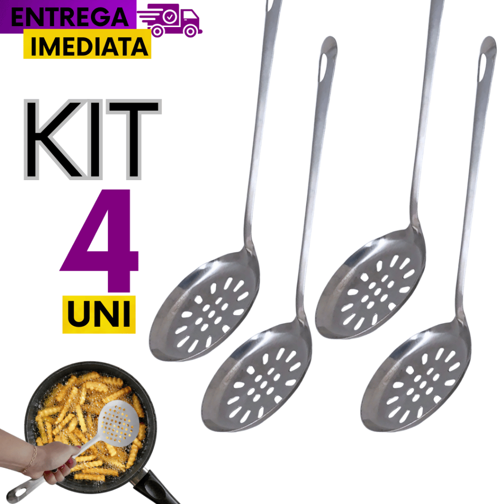 04 Escumadeira Linha Premium para Frituras Espumadeira Batata Utensilios de Cozinha Aço Inox  25,5cm