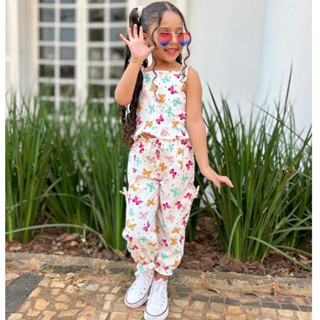 conjunto infantil menina calça cargo e cropped blusa estampado tamanhos 2 ao 8 em Oferta na Shopee