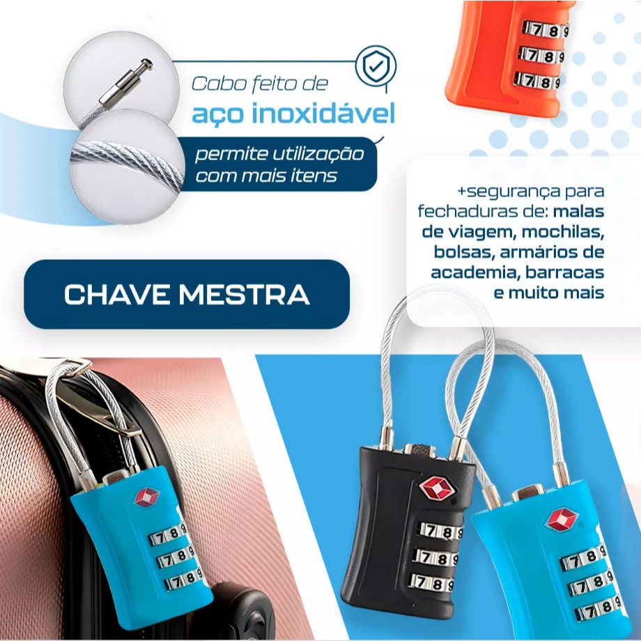 Cadeado Tsa com Senha Cabo Aço Mala Viagem Bagagem Armario Academia em Oferta na Shopee