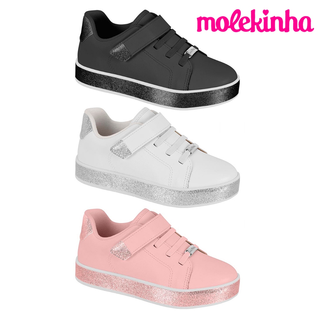 Tenis Infantil Feminino Molekinha Menina Brilhante Velcro Glitter Shine Confortável Original