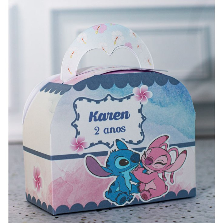 Caixinha Maleta bolsinha Stitch e Angel Azul e Rosa para Festa Personalizada - Lembrancinha para Festa