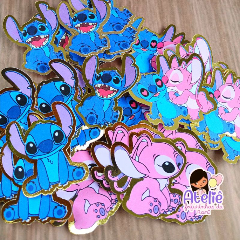 Aplique Stitch para tubete com lamicote dourado Lembrancinha festa infantil