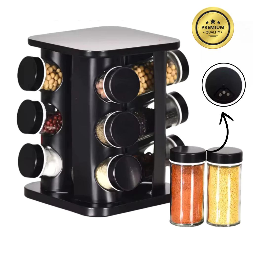 Porta Temperos Giratório 9 Potes Vidro Condimento Tampa Dosador Cor Preto em Oferta na Shopee