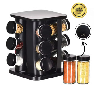 Porta Temperos Giratório 9 Potes Vidro Condimento Tampa Dosador Cor Preto