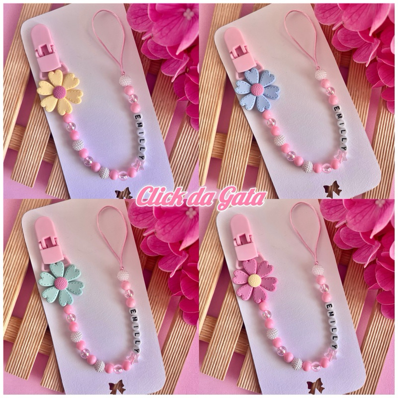 Prendedor de Chupeta Personalizado Menina Flor com Nome em Oferta na Shopee