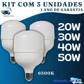 Kit 3 Lâmpadas Ultra Led Bulbo 20w, 30w, 40w, 50w E27 Bivolt 6500K Alta Potencia em Oferta na Shopee