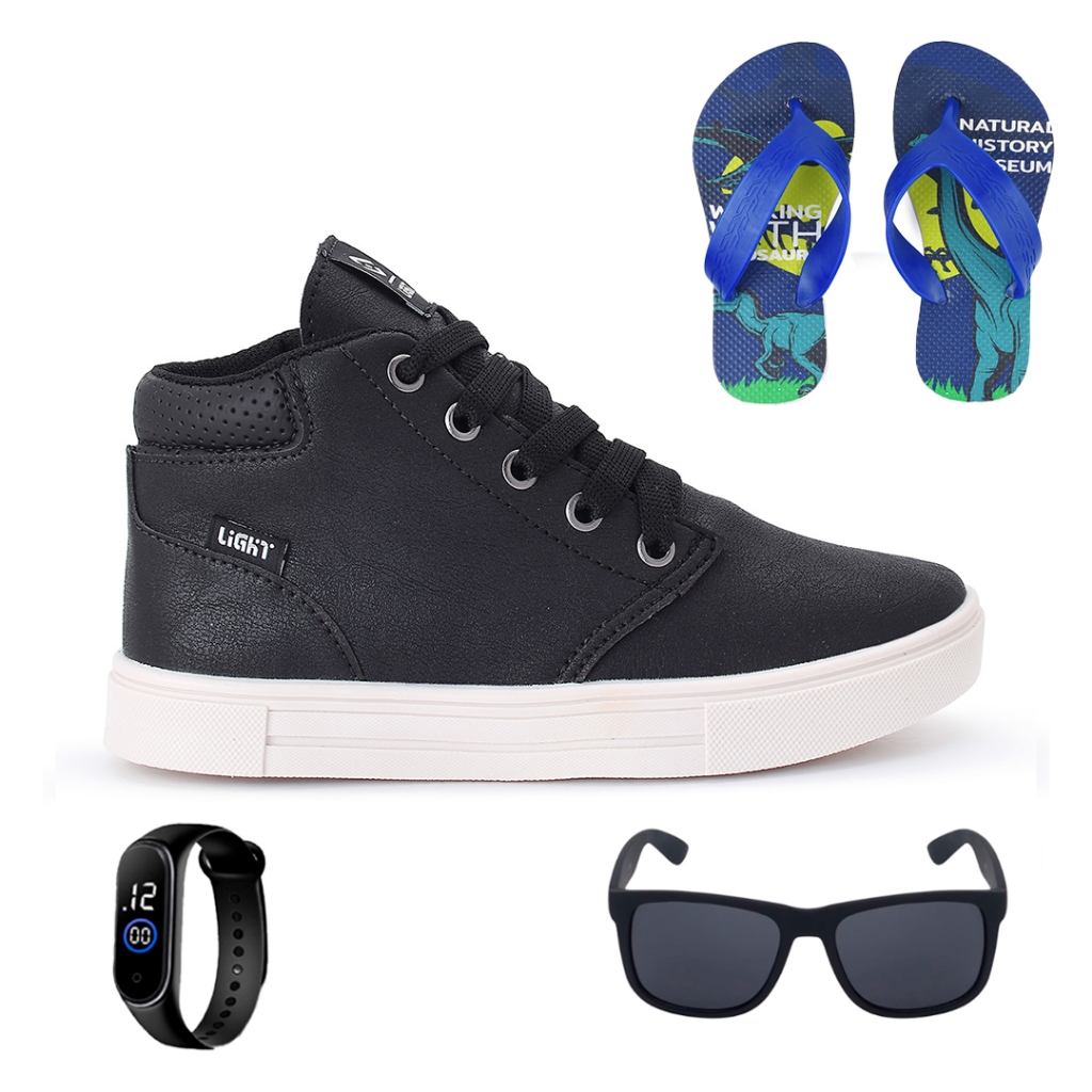 Tenis Botinha Infantil Meninos Casual Cano Alto Confortavel + Chinelo Oculos Relogio