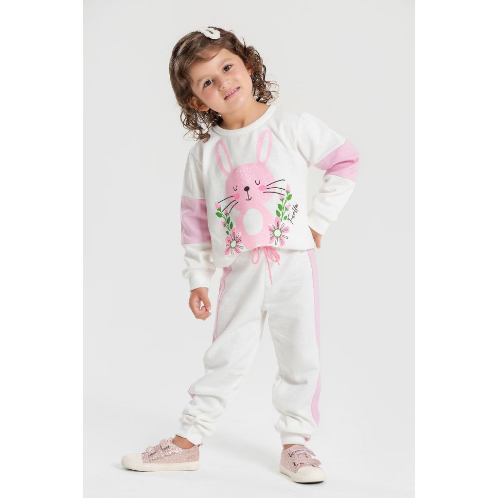 Conjunto Moletom Peluciado Infantil Feminino Coelho - Off - White