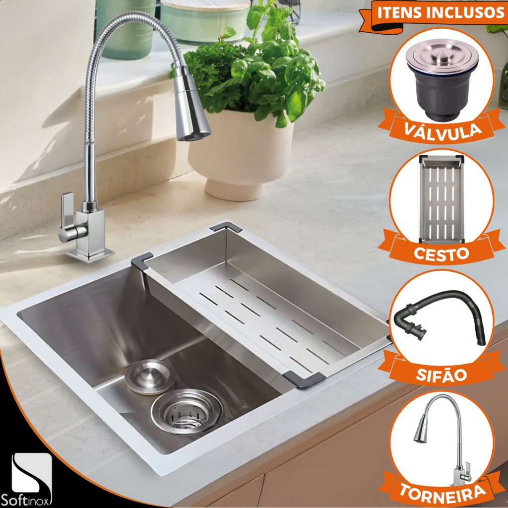 Kit Cuba Cozinha Gourmet Quadrada 44x44 Inox 304 Escovada Completa Com Torneira 1/4 de Volta Cromada