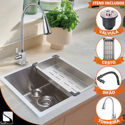 Kit Cuba Cozinha Gourmet Quadrada 44x44 Inox 304 Escovada Completa Com Torneira 1/4 de Volta Cromada