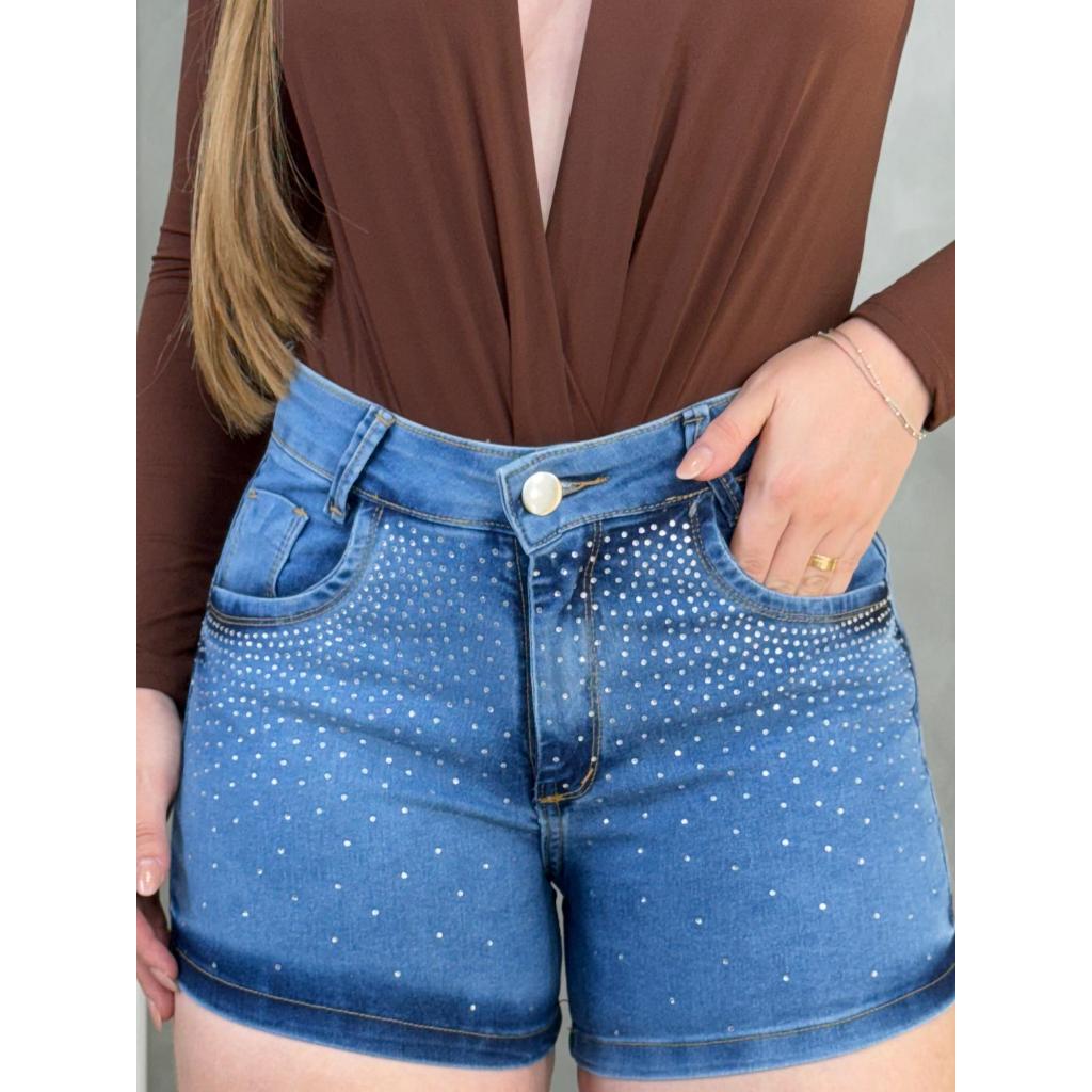 short cintura alta com strass lycra em Oferta na Shopee