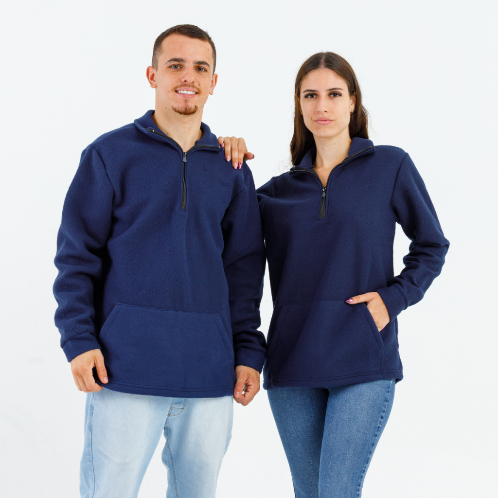 Blusa de Frio Confortável Fleece com Zíper Unissex Feminino e Masculino Azul