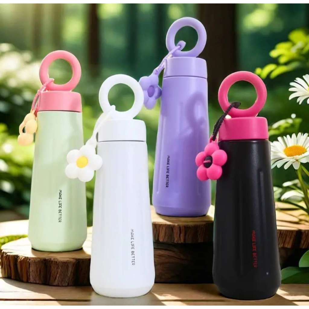 Garrafa de Aço lnoxidavel com alça e Chaveiro de Flor 450ml