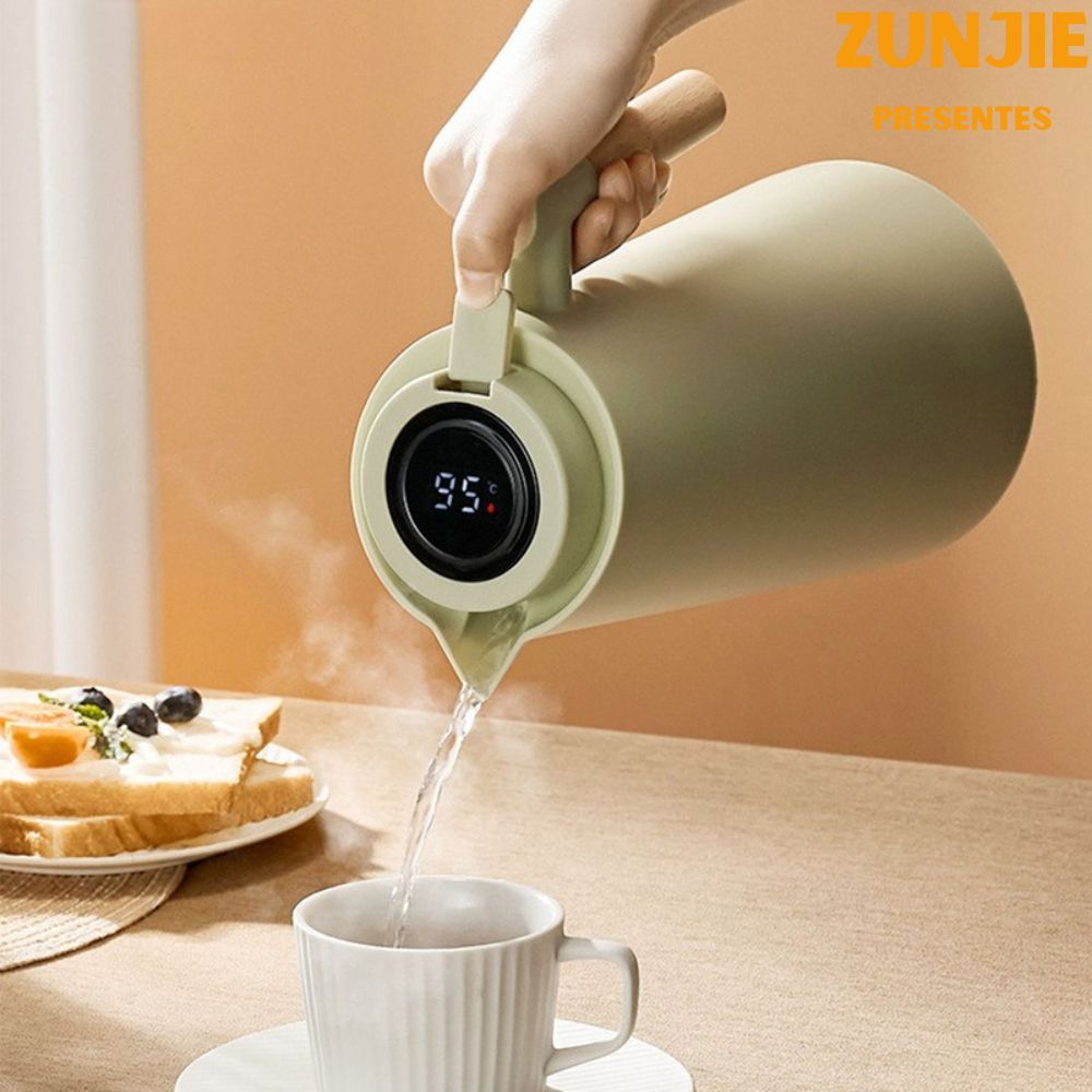 Garrafa Térmica 1 Litro Com Termômetro Led Para Chás / Café Design Moderno Cabo Em Madeira