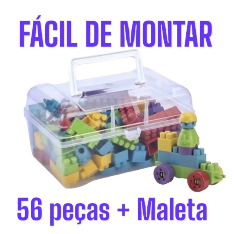 Blocos de montar Com 56 Peças Mais Maleta, Com Rodinhas, Brinquedo Educativo, Montar Fácil